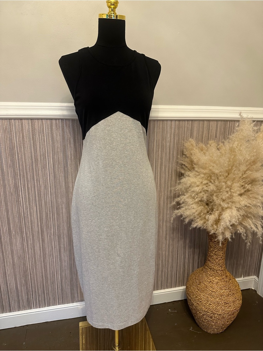 Athleta Black Gray Colorblock Tank Midi Dress Modal Blend Size Small